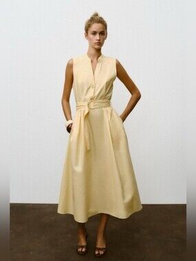 ZARA BELTED POPLIN MIDI DRESS COTTON YELLOW